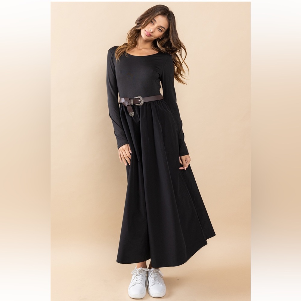 40 Boho Contrast Fabric Long Sleeve Midi Dress - Picture 4 of 4